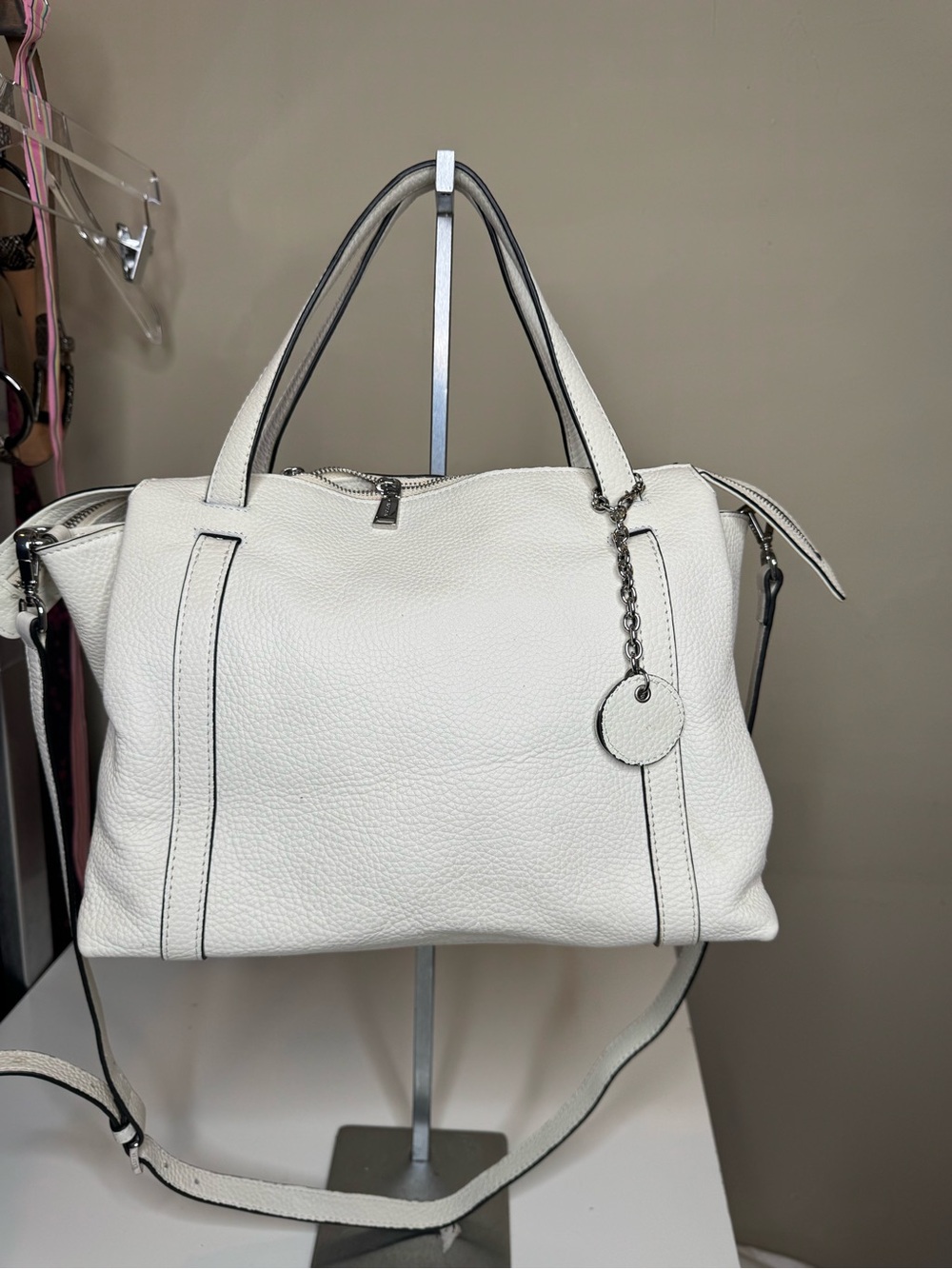 Carpisa cream Pebbled Leather Satchel Tote Crossbody Bag Made in Italy